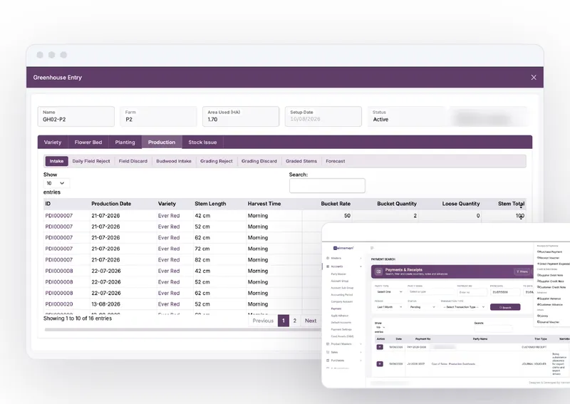 Greenhouse production entry and payments screens in the flower farm ERP