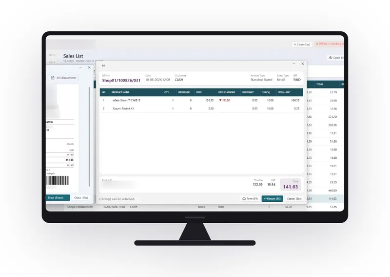 Point-of-sale billing and sales list screens for a multi-store retailer